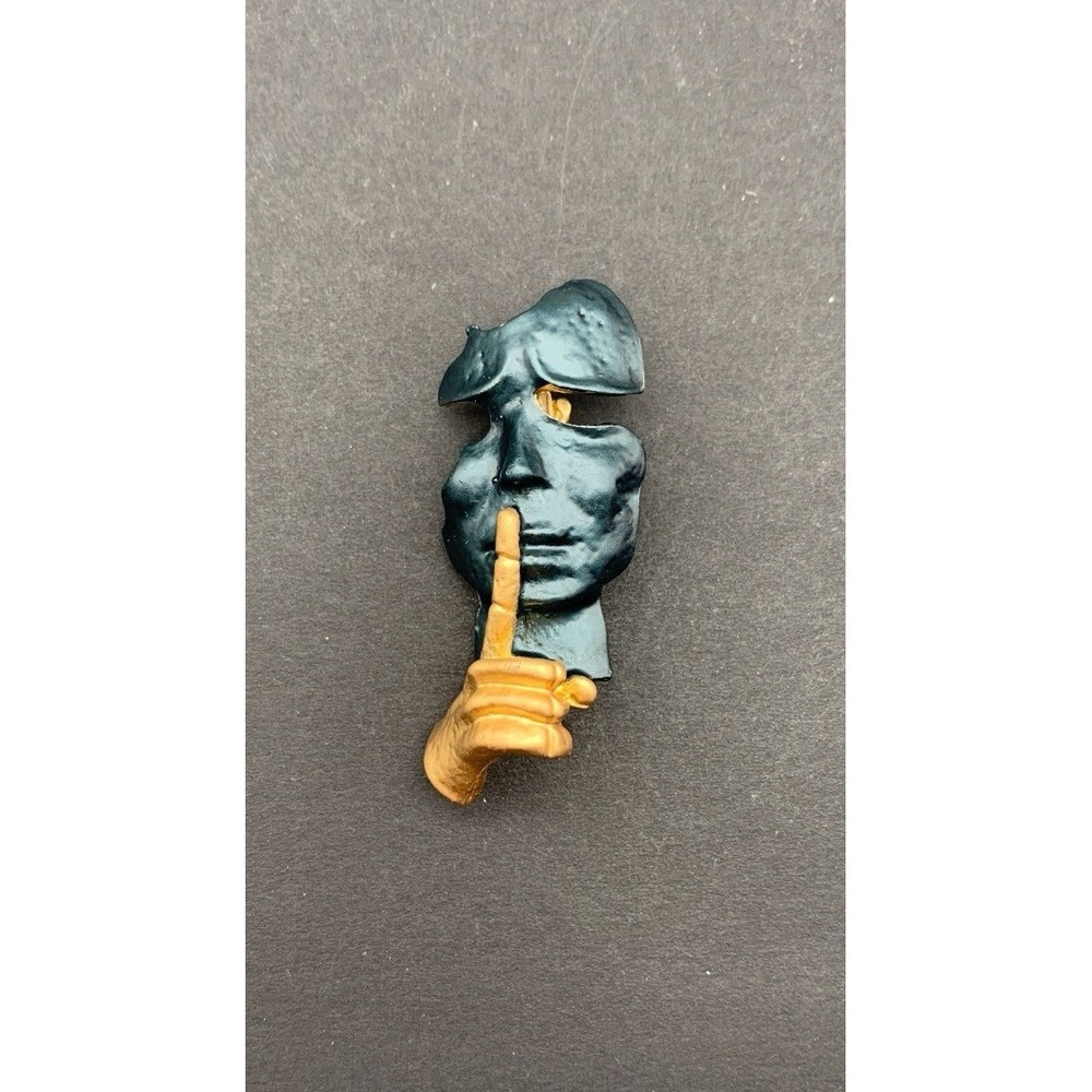 Hammered Black And Gold Tone "Silence Is Golden" Shhhh Face Mask Brooch